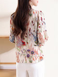 Ladies Ruffle Collar Lantern Sleeve 3D Floral Design Shirt