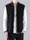 Men's Stand Collar Knot Button Patch Pocket Plain Linen Vest