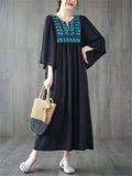 Ethnic Style V Neck Embroidery Ruffle Dress for Women