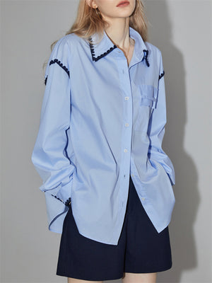 Women's Elegant Sky Blue Lapel Single-Breasted Shirt