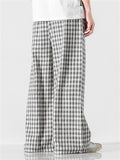 Asian High Street Style Plaid Cotton Linen Wide Leg Pants for Men