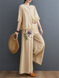 Floral Embroidered Shirt + Wide Leg Pants Female Two Piece Set