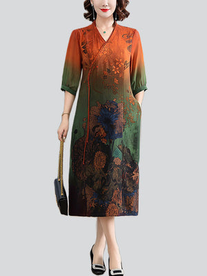 Retro Lotus Leaf Print V Neck Half Sleeve Dress for Lady