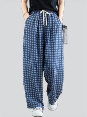 Daily Wear Drawstring Plaid Casual Pants for Women