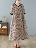 Female Retro Print V Neck Short Sleeve Linen Loose Dress