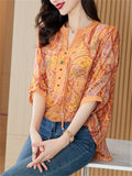 Retro Orange Paisley Print V Neck Half Sleeve Shirt for Women