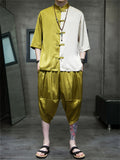 Male Color-blocked Shirt + Cropped Pants Silky Suits