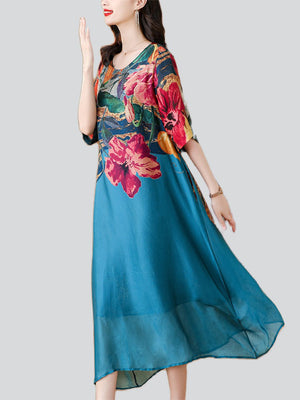 Elegant Ladies Summer Floral Print Flowy Tulle Dress