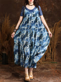 Women's French Style Daisy Print Blue Midi Dress