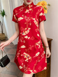 Chinese Red Flying Deer Print Knee Length Qipao