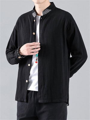 Men's Casual Embroidery Stand Collar Linen Long Sleeve Shirt