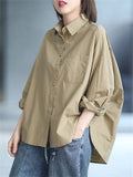 Relaxed Pure Color Female Long Sleeve Pocket Shirts