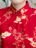 Chinese Red Flying Deer Print Knee Length Qipao