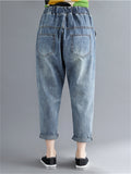 Women's Casual Washed Effect Elastic Waist Blue Denim Harem Pants