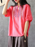 Female Ethnic Style Cotton Linen Short Sleeve V-neck Shirts