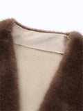 Ladies Vintage Luxury V Neck Knot Button Faux Mink Coats