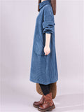 Women's Turtleneck Plush Lining Corduroy Midi Dress for Winter