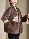 Ladies Vintage Luxury V Neck Knot Button Faux Mink Coats