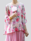 Female 3/4 Sleeve Round Neck Camellia Print Shirts