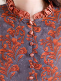 Women's Ruffled Collar Print Decorative Button Faux Silk Shirt