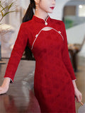 Chinese Style Wine Red Knee Length Jacquard Qipao