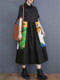 Chic Contrast Color Abstract Print Lapel Dress for Lady