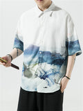 Fish Crane Mountain Print Summer Button T-shirt for Men