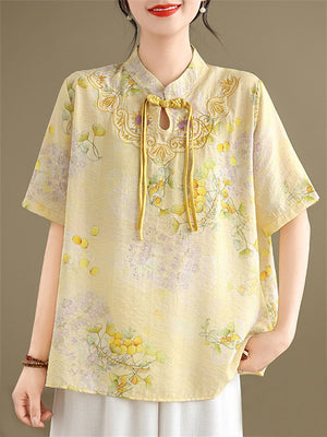 Ginkgo Leaf Print Stand Collar Tassel Button Female Shirt