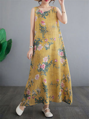 Chinese Rose Print Retro Yellow Tank Dress for Women