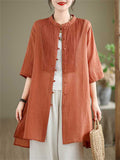 Female Leisure Cotton Linen 3/4 Sleeve Mid-Length Shirt