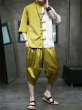 Male Color-blocked Shirt + Cropped Pants Silky Suits