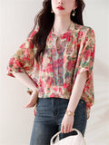 Elegant Tiny Rhinestone V Neck Flowy Floral Print Shirt for Ladies