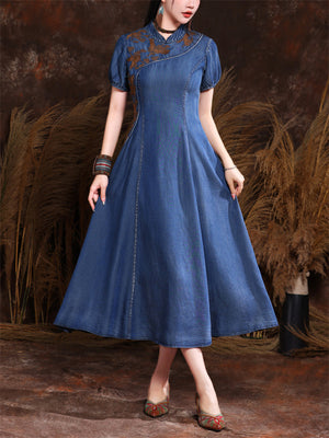 Women's Retro Neckline Embroidery Mid Length A-Line Denim Dress