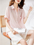 Light Pink Stripe Rhinestone Cozy Tencel Shirt for Women