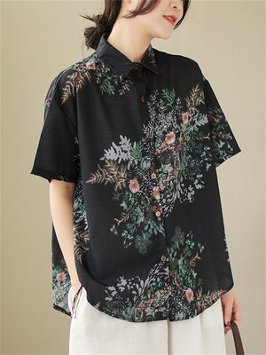 Floral Print Loose-fitting Lapel Shirts for Ladies