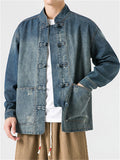 Men's Chinese Inspired Vintage Stand Collar Washed Denim Jacket