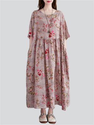 Women's Peach Blossom Print Round Neck Half Sleeve Cotton Dress