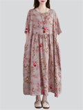 Women's Peach Blossom Print Round Neck Half Sleeve Cotton Dress