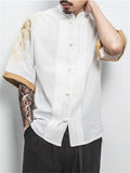 Men's Dragon Embroidery Short Sleeve Cozy Linen Shirt