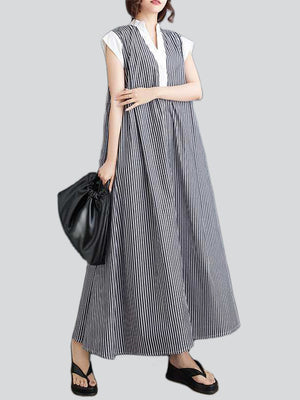 Female V-Neck White Collar Sleeve Trim Striped Dresses