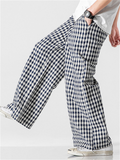 Asian High Street Style Plaid Cotton Linen Wide Leg Pants for Men