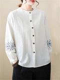 Women's Ethnic Embroideried Lantern Sleeve Stand Collor Button Linen Shirt