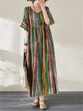 Round Neck Half Sleeve Striped Boho Dress for Women