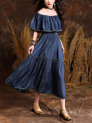 Romantic Off Shoulder Ruffles Patchwork Denim Dress for Women