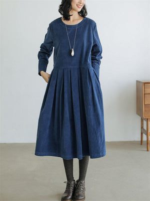 Classy Corduroy Mid-length Dress for Ladies