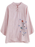 Women's Floral Hand Embroideried Elegant Stand Collar Shirt