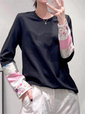 Floral Embroidery Patch Round Neck T-shirts for Women