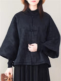 Women's Retro Knot Button 3/4 Sleeve Round Neck Cotton Coat