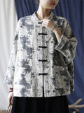 Women's Ethnic Style Black Grey Knot Button Linen Print Jacket