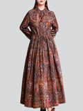 Female Lapel Long Sleeve Retro Print Pleated Long Dress